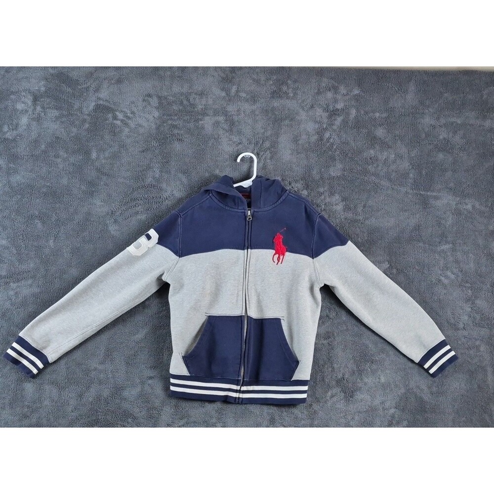 Polo Ralph Lauren Boys Full Zip Colorblock Sweatshirt Hoodie Blue Gray M (10-12)